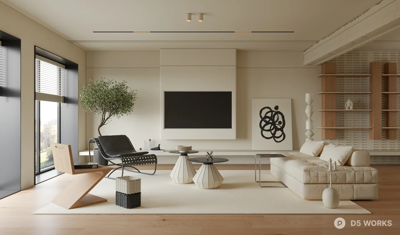 Minimalist Living Room with Neutral Tones 3d model - Image 1
