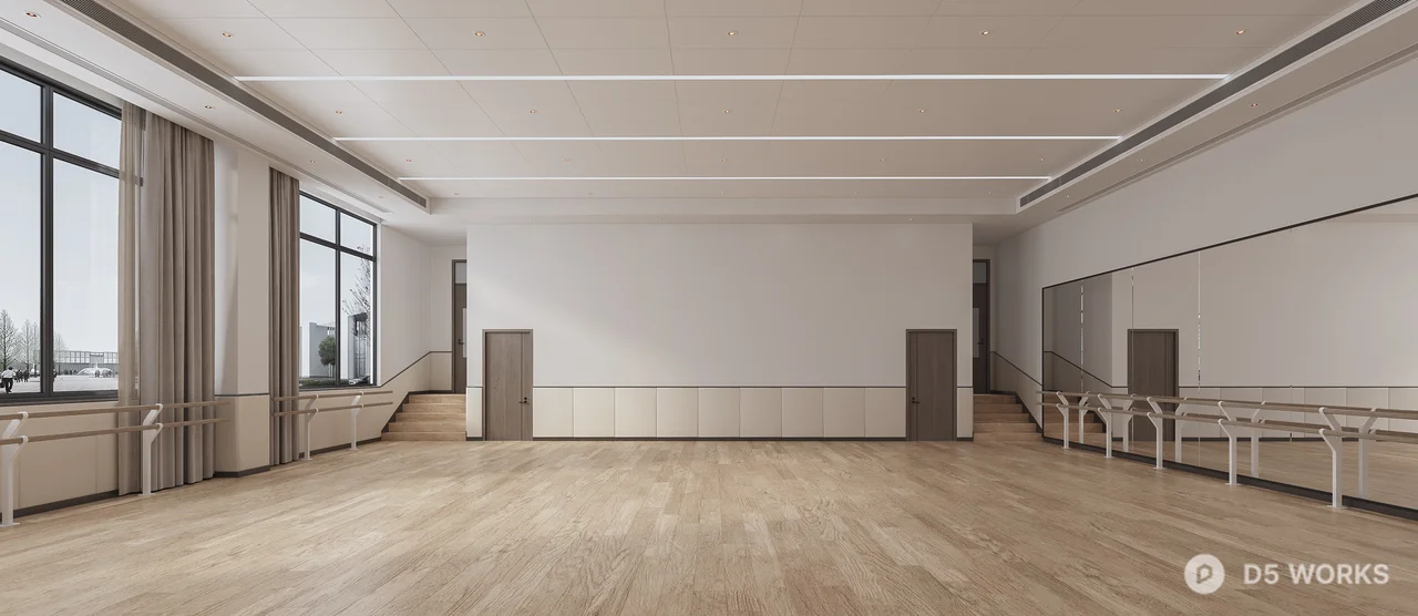 Minimalist Dance Studio with Floor-to-Ceiling Mirrors 3d model thumbnail 2