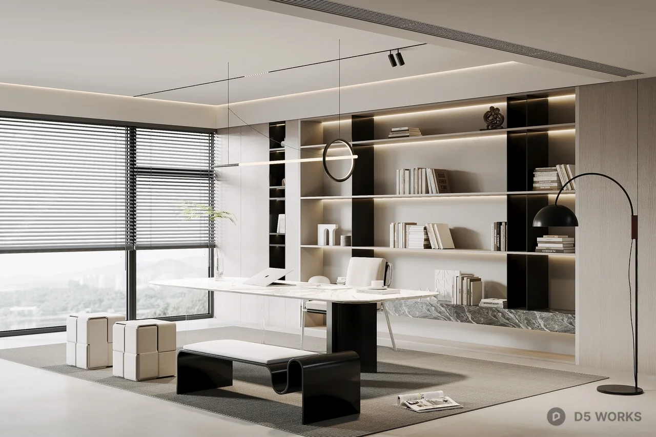 Modern Minimalist Study Room with Built In Shelving 3d model - Image 1
