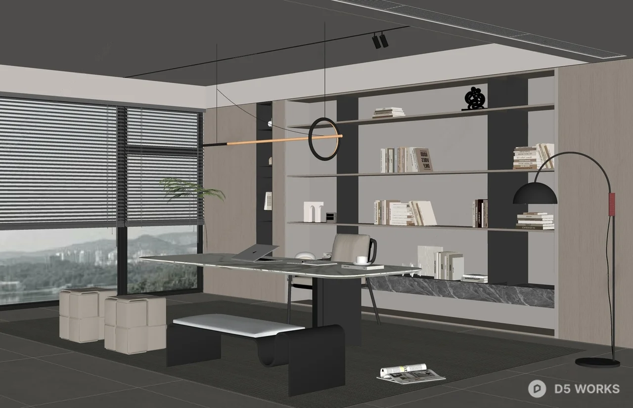 Modern Minimalist Study Room with Built In Shelving 3d model thumbnail 2