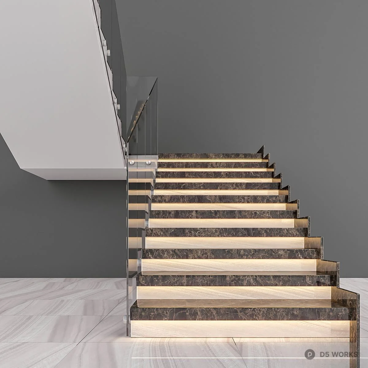 Minimalist Glass Railing Staircase 3d model thumbnail 2