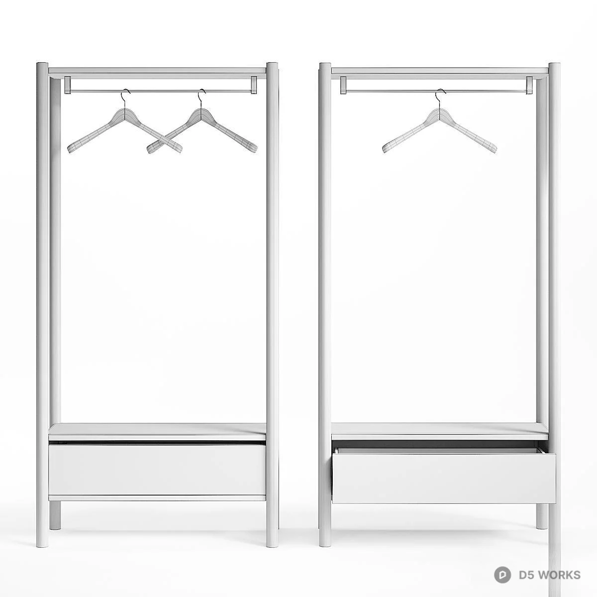 Minimalist Wooden And Metal Clothing Rack With Drawer 3d model thumbnail 5