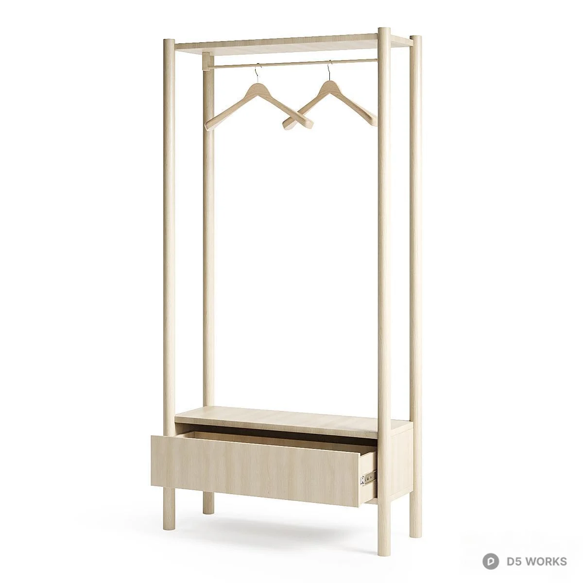 Minimalist Wooden And Metal Clothing Rack With Drawer 3d model thumbnail 4