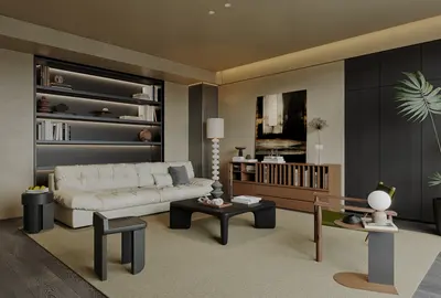 Minimalist Modern Living Room With Integrated Shelving And Neutral Palette 3d model