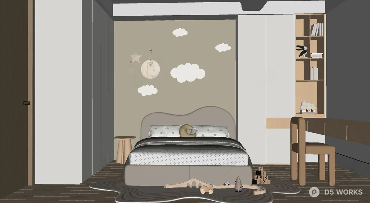 Minimalist Universal Children Room with Cloud Wall Art 3d model thumbnail 2
