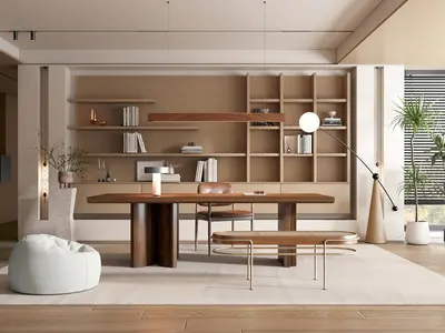 Minimalist Study Room With Wooden Desk And Shelving 3d model