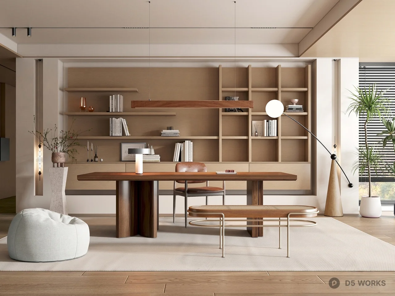 Minimalist Study Room With Wooden Desk And Shelving 3d model - Image 1