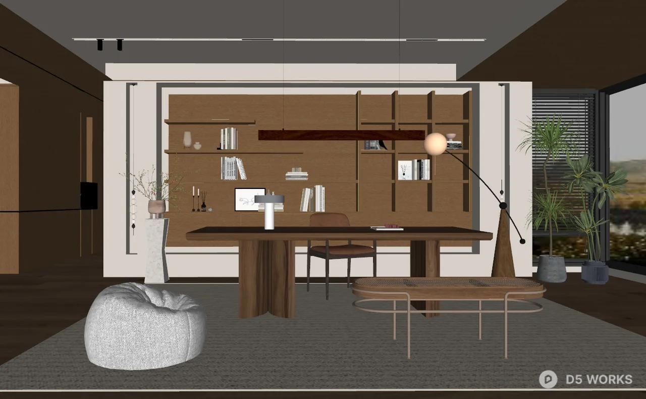 Minimalist Study Room With Wooden Desk And Shelving 3d model thumbnail 2