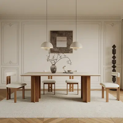 Minimalist Dining Room with Wooden Table and Pendant Lights 3d model