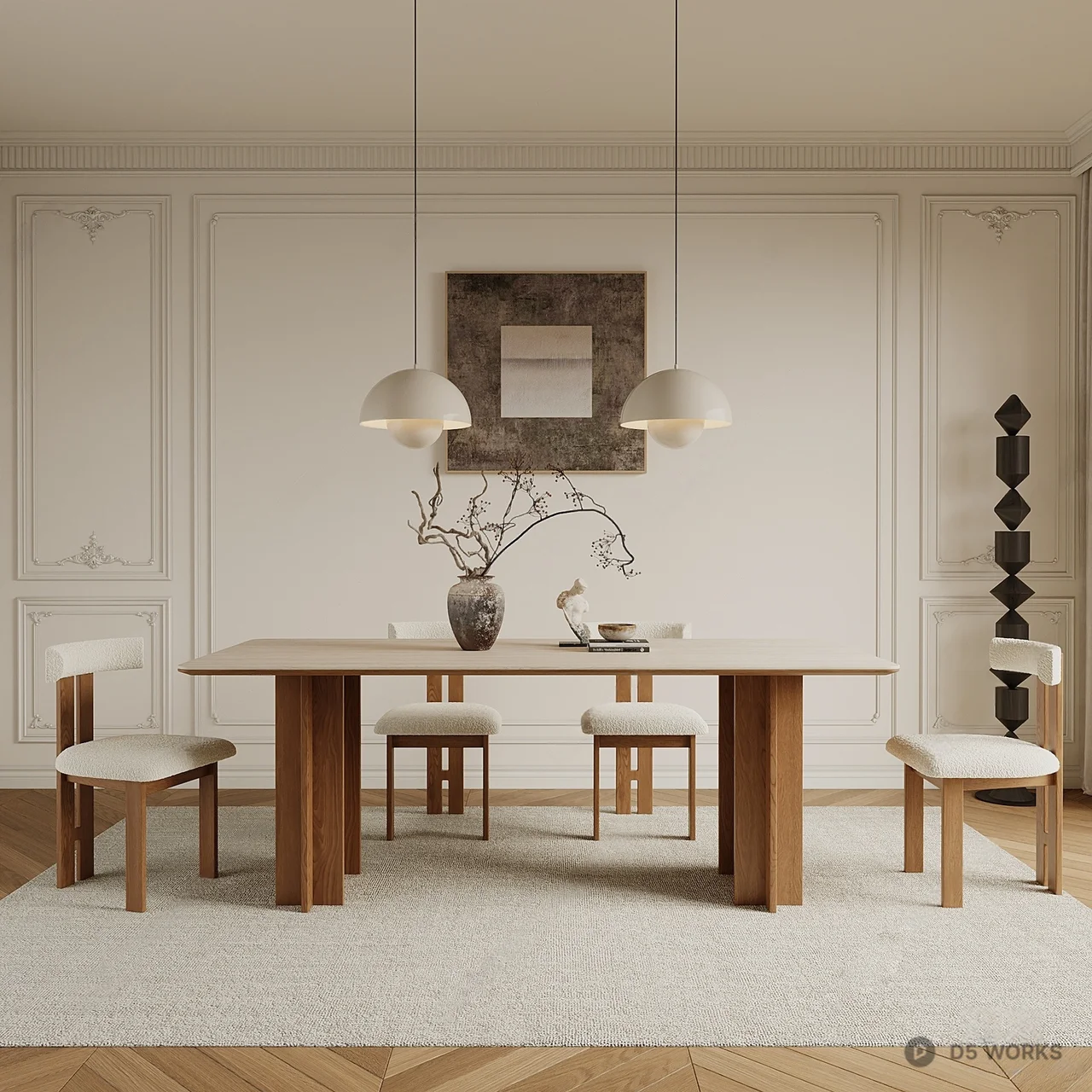 Minimalist Dining Room with Wooden Table and Pendant Lights 3d model - Image 1