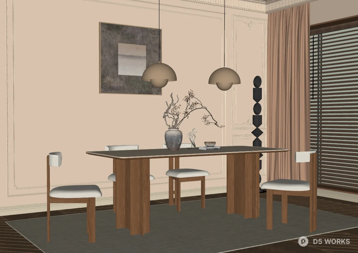 Minimalist Dining Room with Wooden Table and Pendant Lights 3d model thumbnail 2
