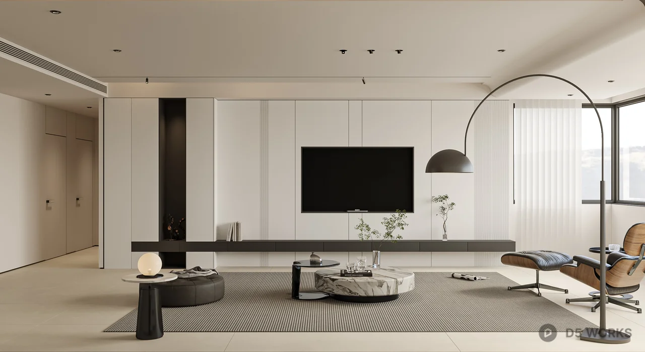 Minimalist Living Room with Art Wall and Arc Lamp 3d model thumbnail 5