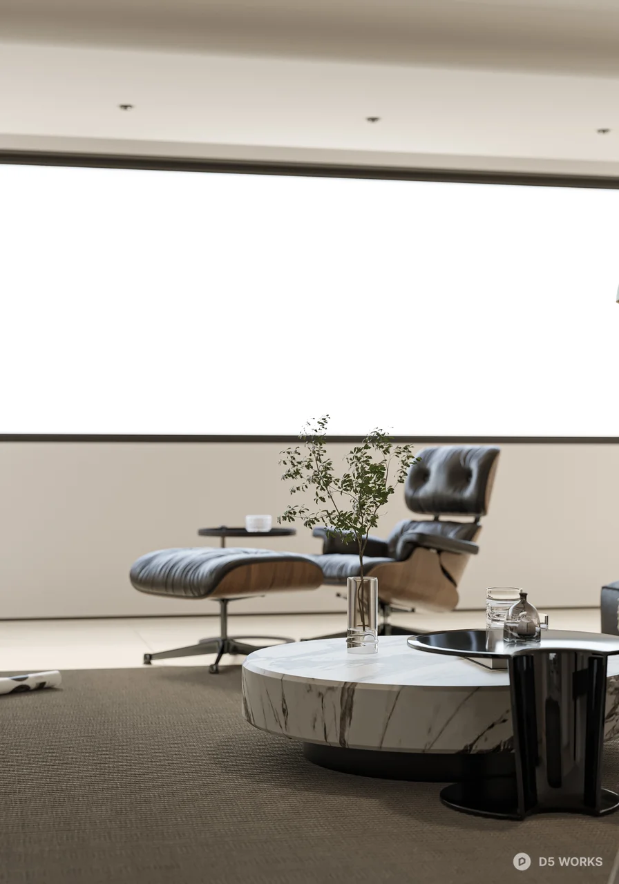 Minimalist Living Room with Art Wall and Arc Lamp 3d model thumbnail 3