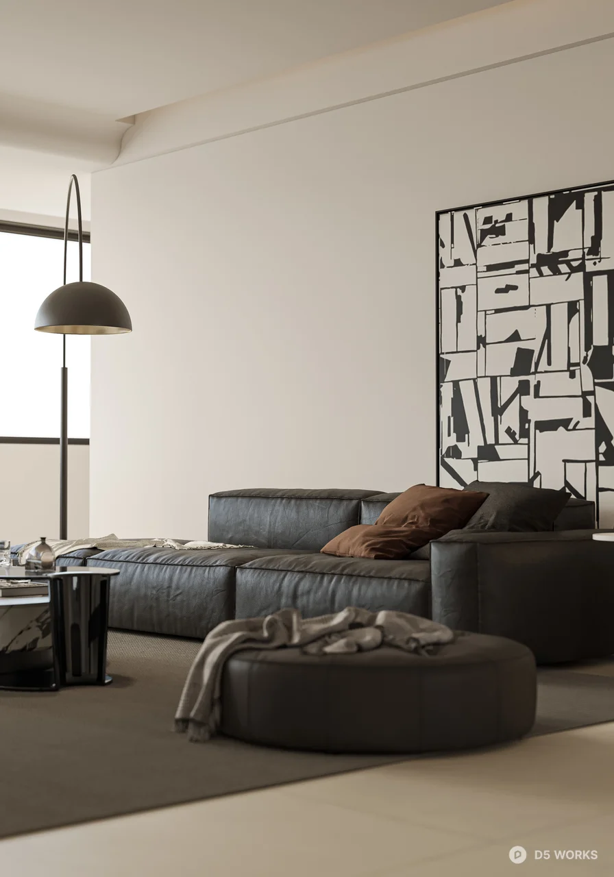 Minimalist Living Room with Art Wall and Arc Lamp 3d model thumbnail 2