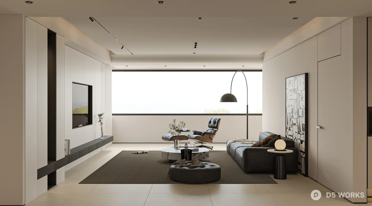 Minimalist Living Room with Art Wall and Arc Lamp 3d model thumbnail 4