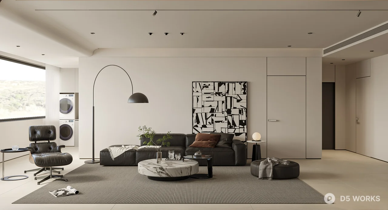 Minimalist Living Room with Art Wall and Arc Lamp 3d model - Image 1