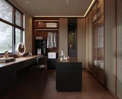 Modern Wooden Walk In Closet With Integrated Desk 3d model