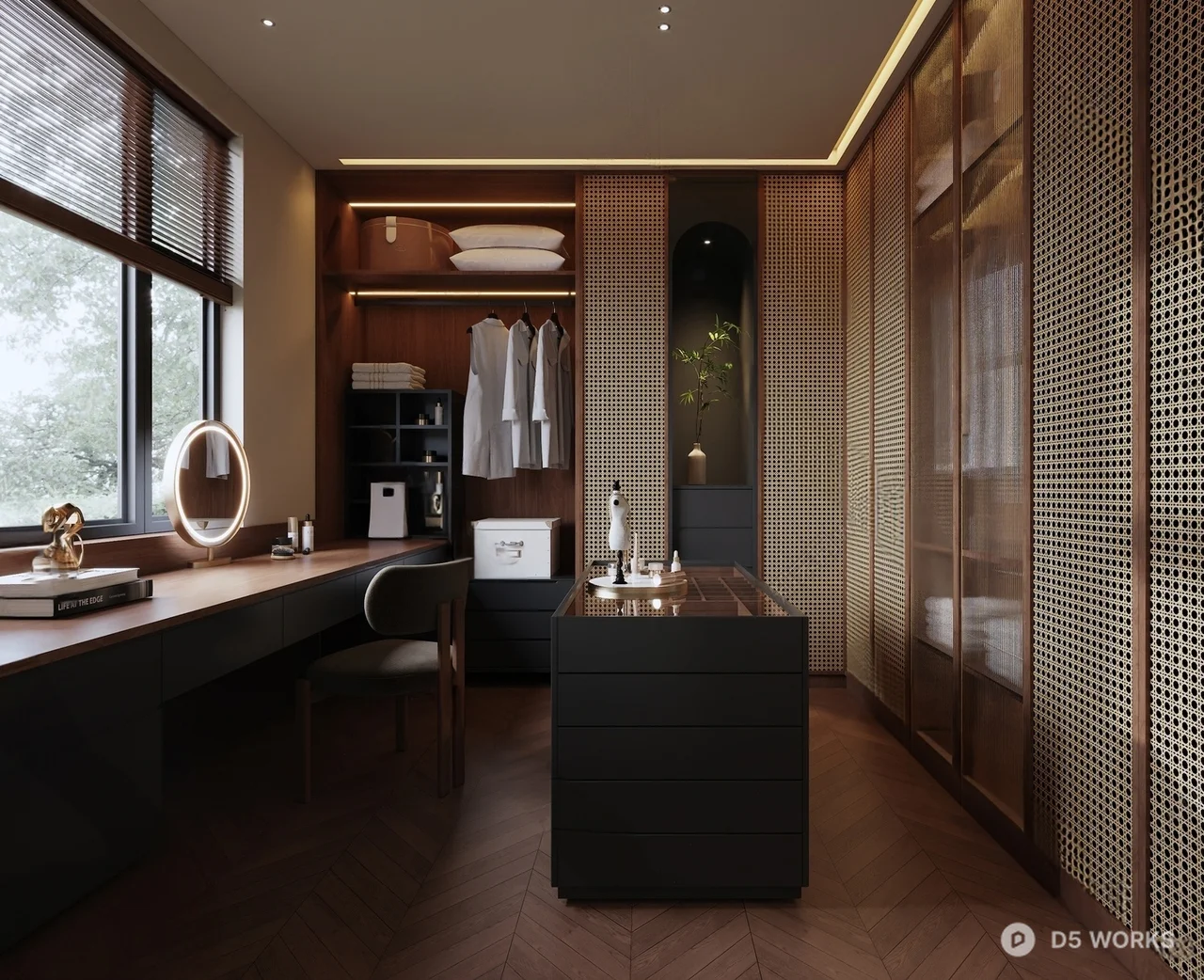 Modern Wooden Walk In Closet With Integrated Desk 3d model - Image 1