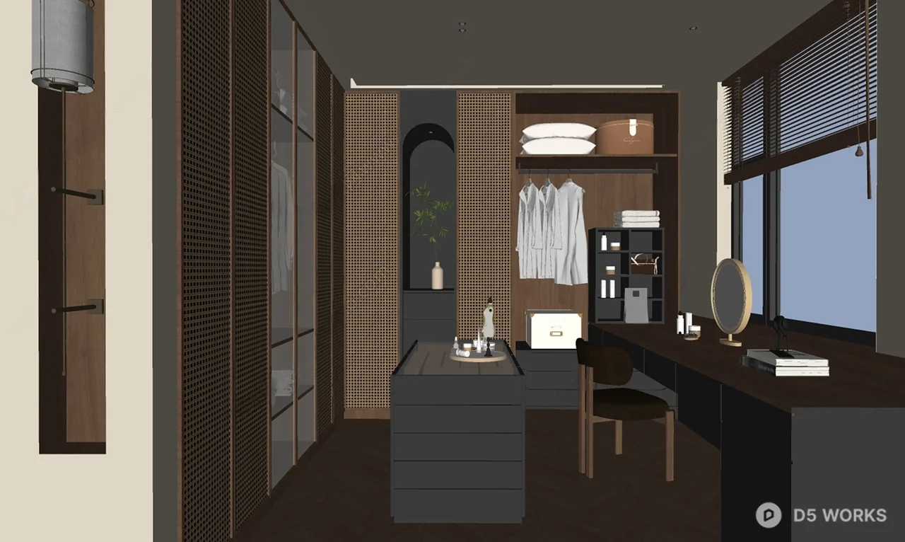 Modern Wooden Walk In Closet With Integrated Desk 3d model thumbnail 2