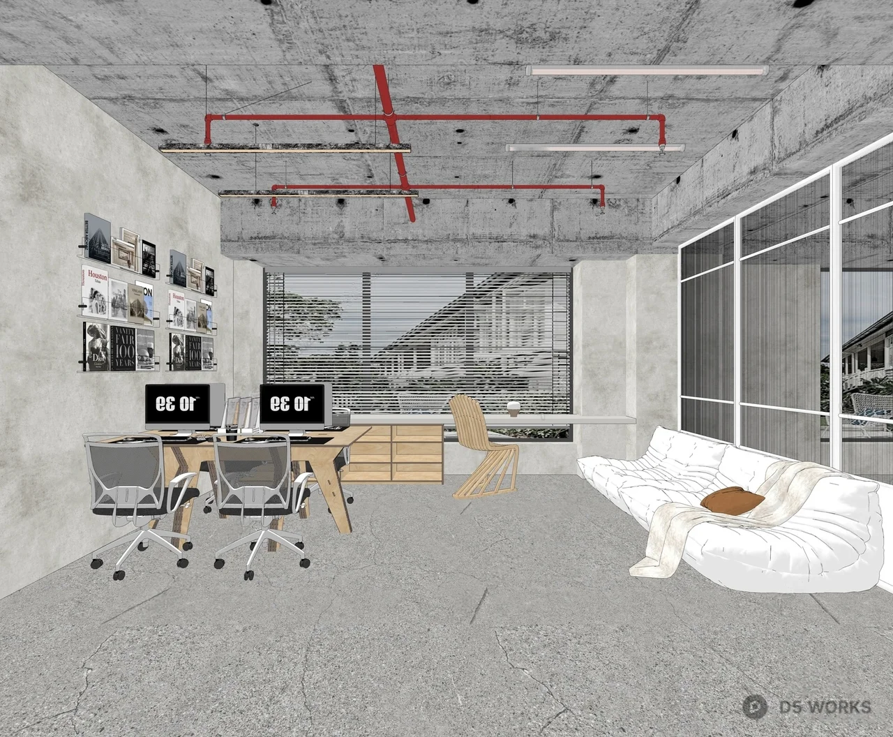 Industrial Style Office Space with Concrete Ceiling and Minimalist Furniture 3d model thumbnail 2