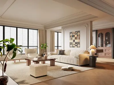 Elegant Living Room with Modern Art and Natural Light 3d model