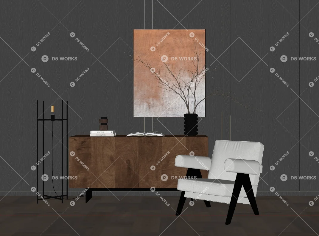 Modern Living Room with Velvet Sideboard 3d model thumbnail 2