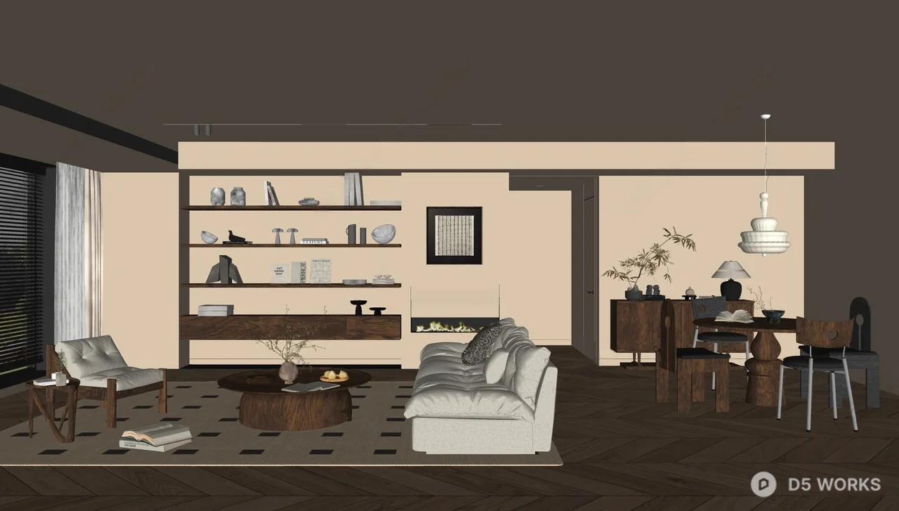 Minimalist Living Dining Space With Integrated Shelving And Fireplace 3d model thumbnail 2