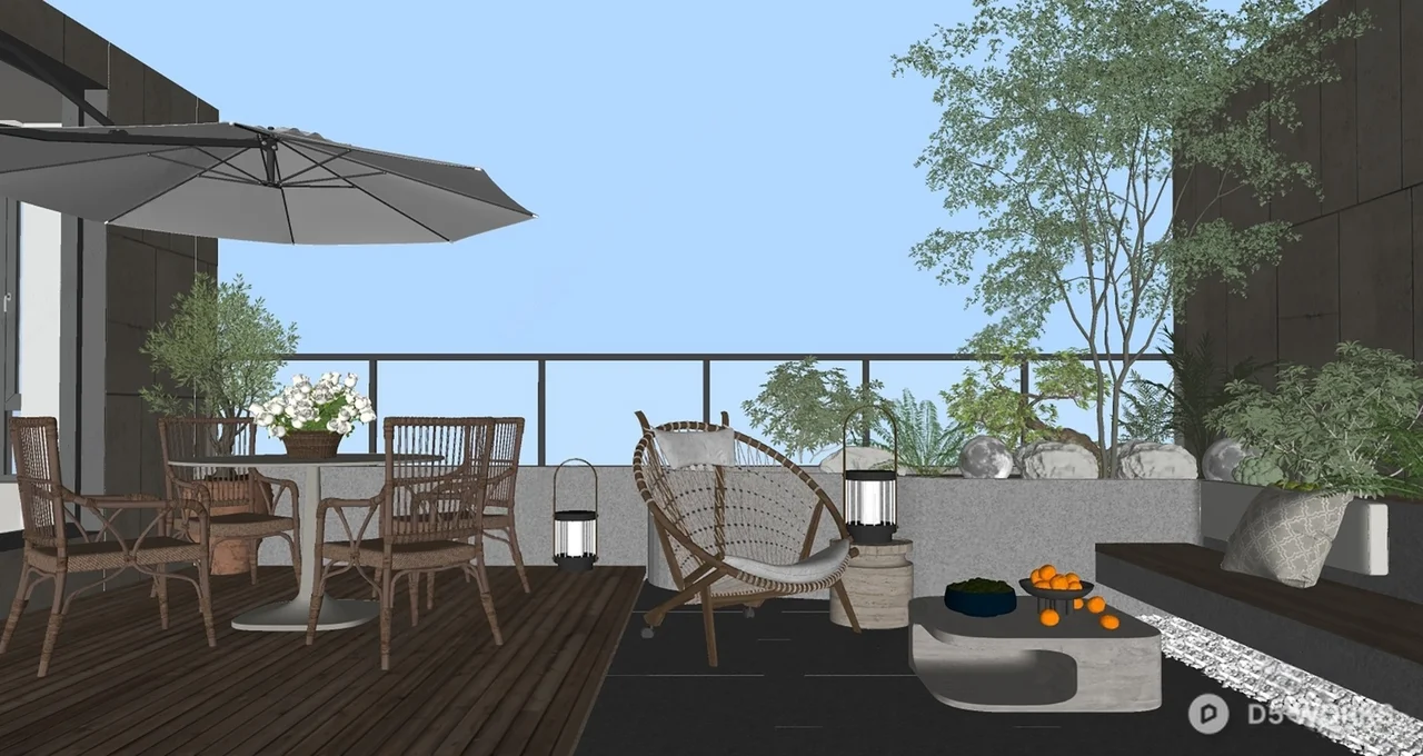 Modern Villa Balcony with Outdoor Seating 3d model thumbnail 2