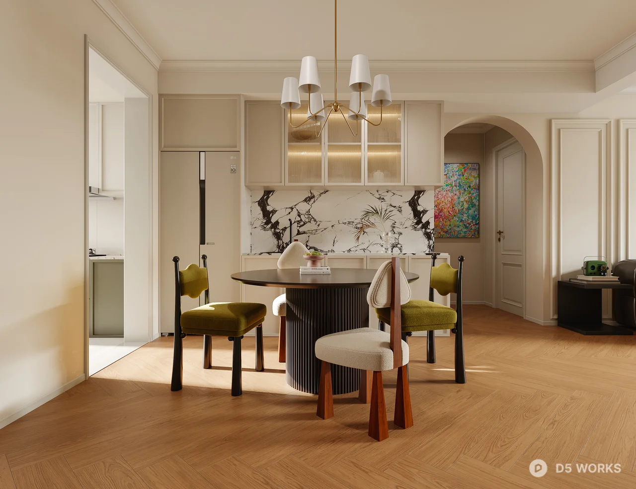 Modern Dining Room with Marble Accent Wall 3d model - Image 1