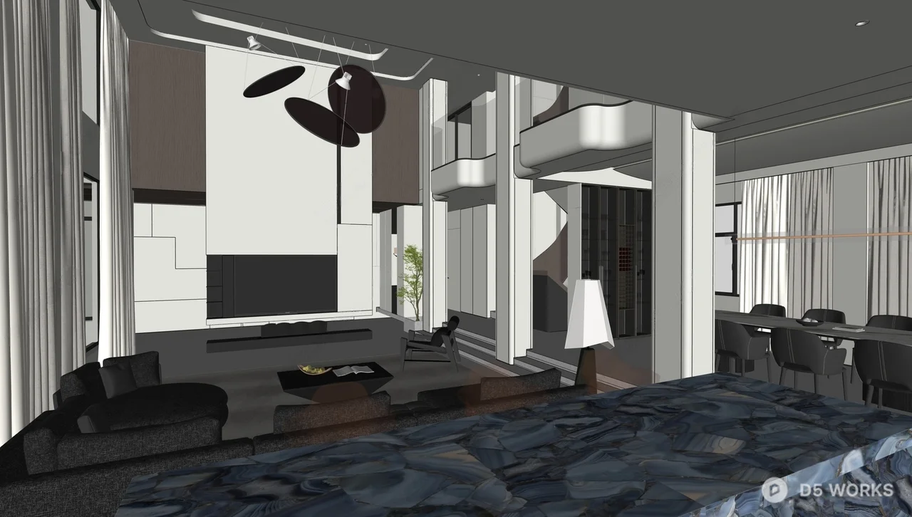 Modern Minimalist Villa Living Room 3d model thumbnail 2