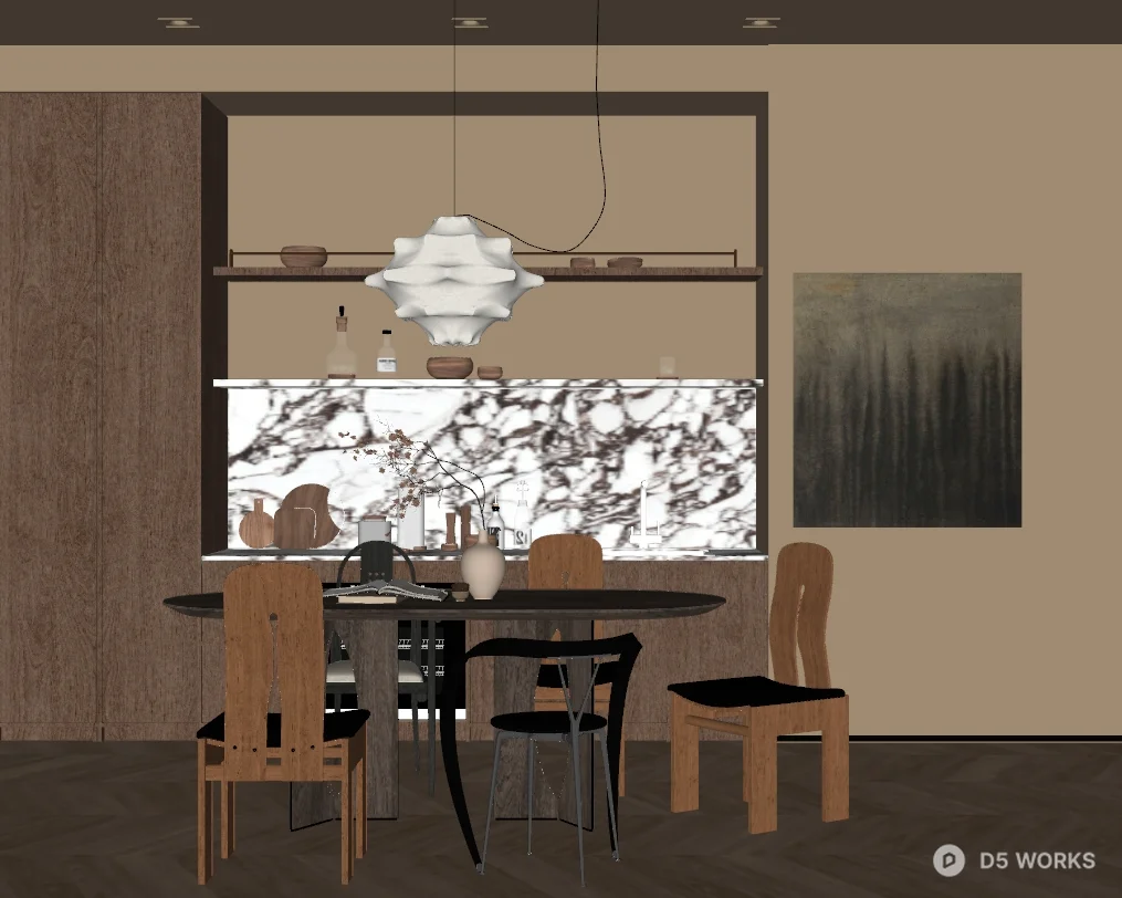 Modern Dining Room with Marble Backsplash 3d model thumbnail 2