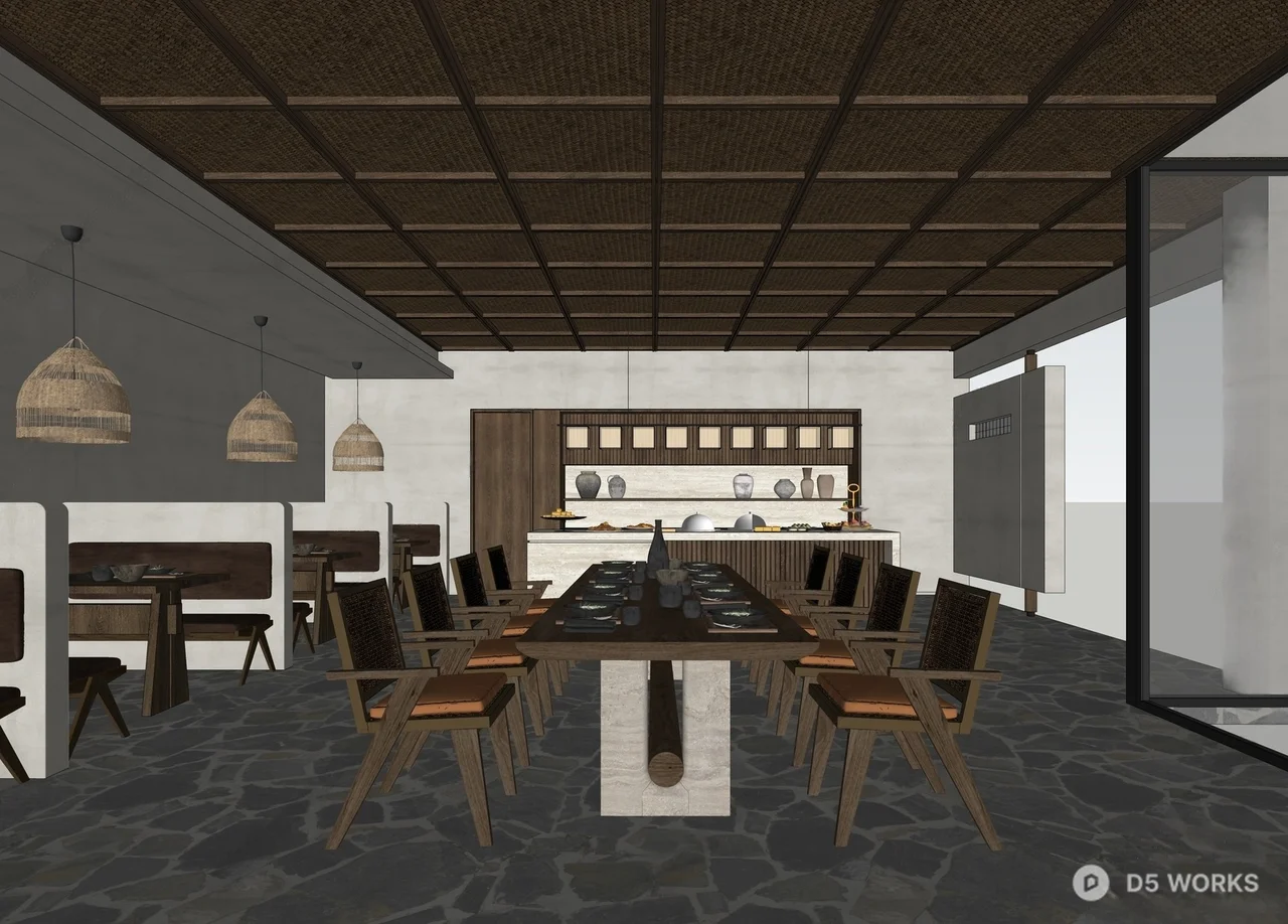 Tropical Restaurant With Woven Ceiling And Stone Floor 3d model thumbnail 2