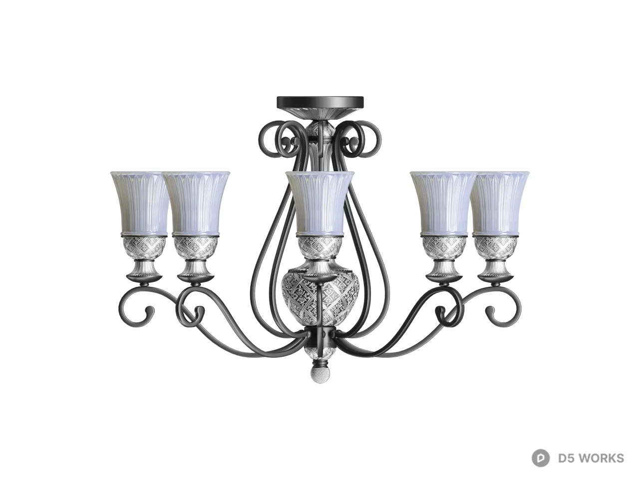 Ornate Metal Chandelier With Glass Shades 3d model thumbnail 2