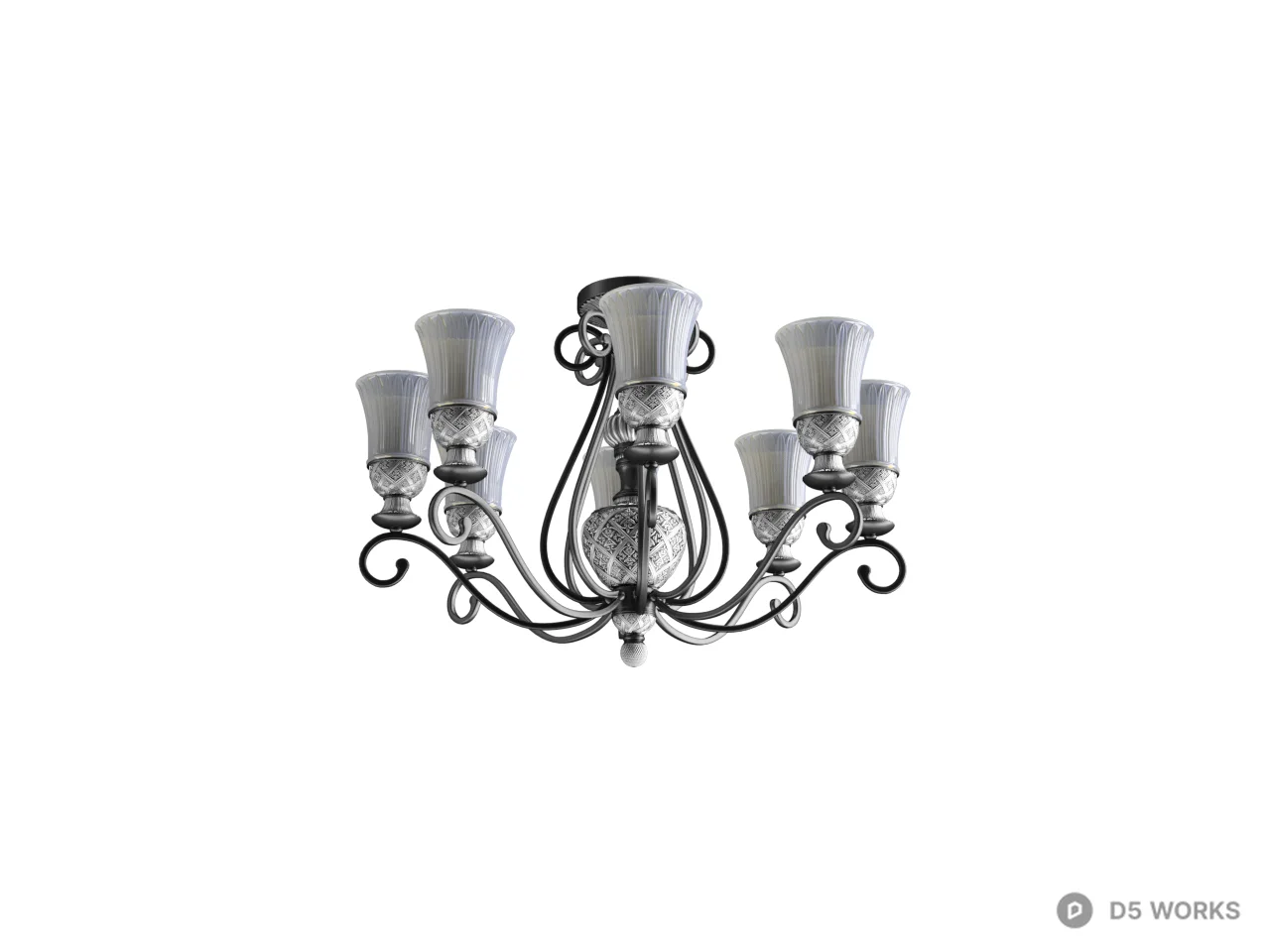 Ornate Metal Chandelier With Glass Shades 3d model - Image 1