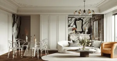 Elegant Living Dining Space with Marble Accent Wall 3d model