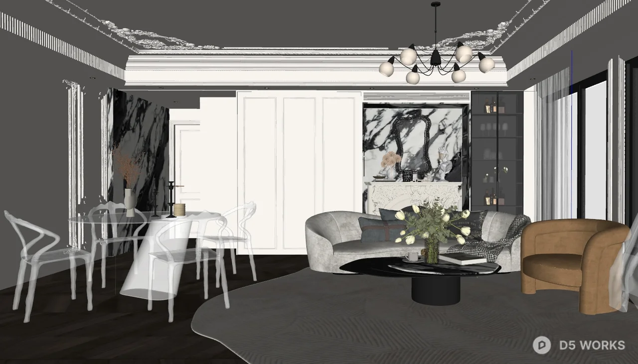Elegant Living Dining Space with Marble Accent Wall 3d model thumbnail 2