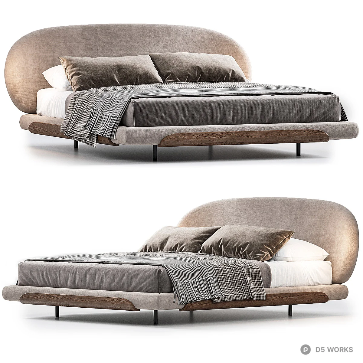 Modern Upholstered Double Bed With Wooden Accents 3d model - Image 1