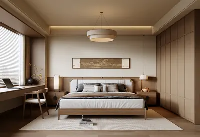 Minimalist Bedroom with Wooden Accents and Ambient Lighting 3d model