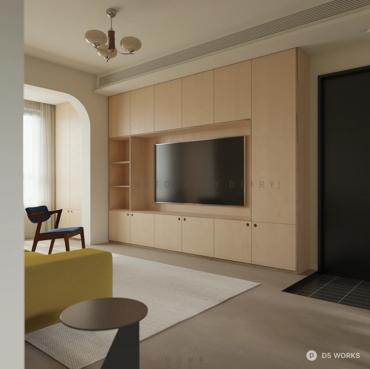 Minimalist Living Dining Space With Mustard Sofa 3d model thumbnail 4