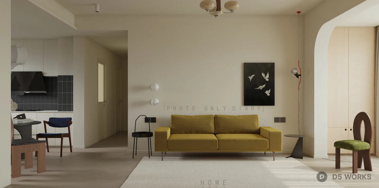 Minimalist Living Dining Space With Mustard Sofa 3d model - Image 1