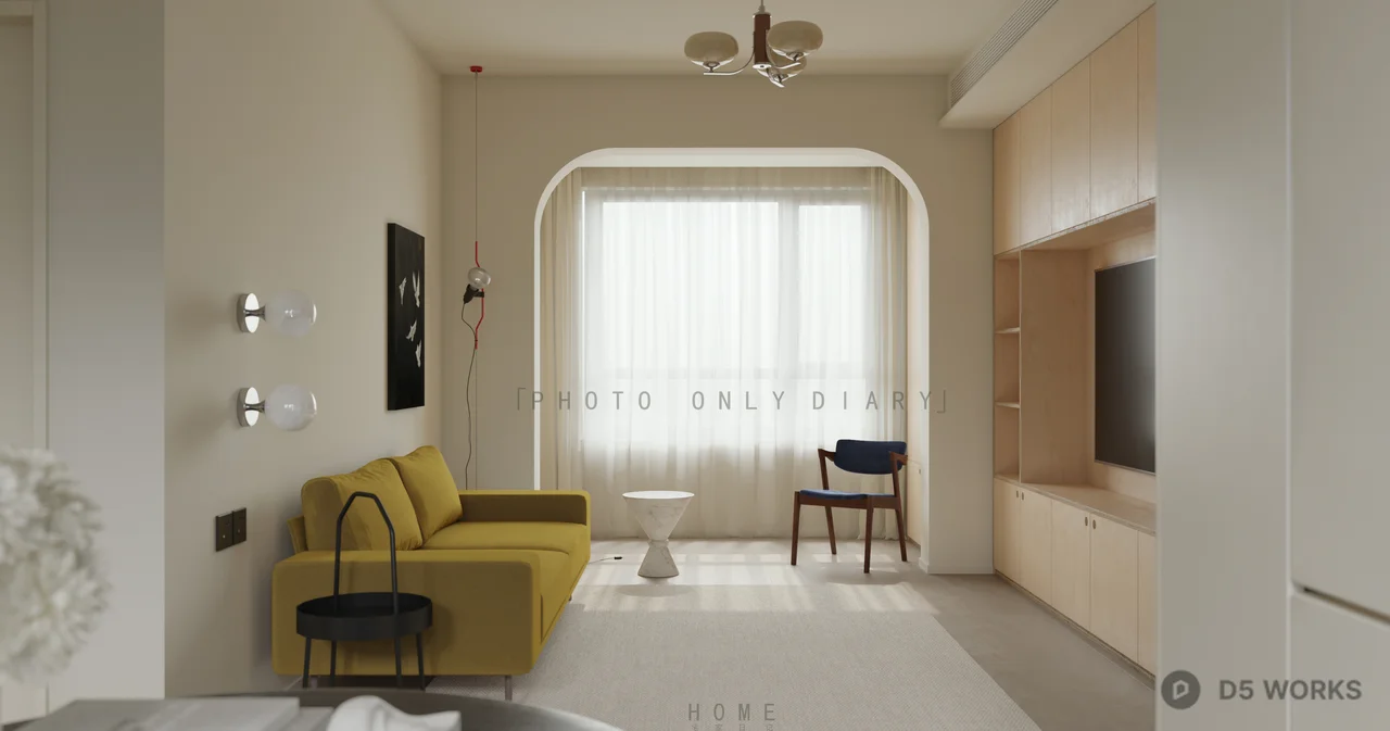 Minimalist Living Dining Space With Mustard Sofa 3d model thumbnail 3