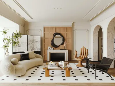 Modern Living Room with Curved Sofa and Geometric Rug 3d model