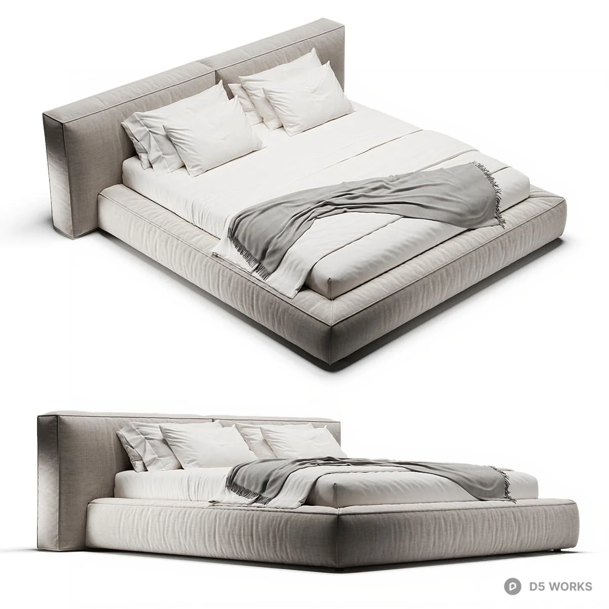 Upholstered Platform Bed With Integrated Headboard 3d model thumbnail 2