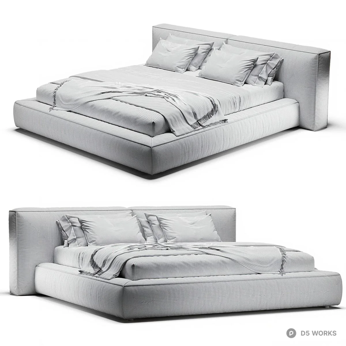 Upholstered Platform Bed With Integrated Headboard 3d model thumbnail 6