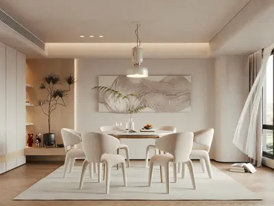 Minimalist Dining Room With Integrated Storage And Artistic Wall Decor 3d model