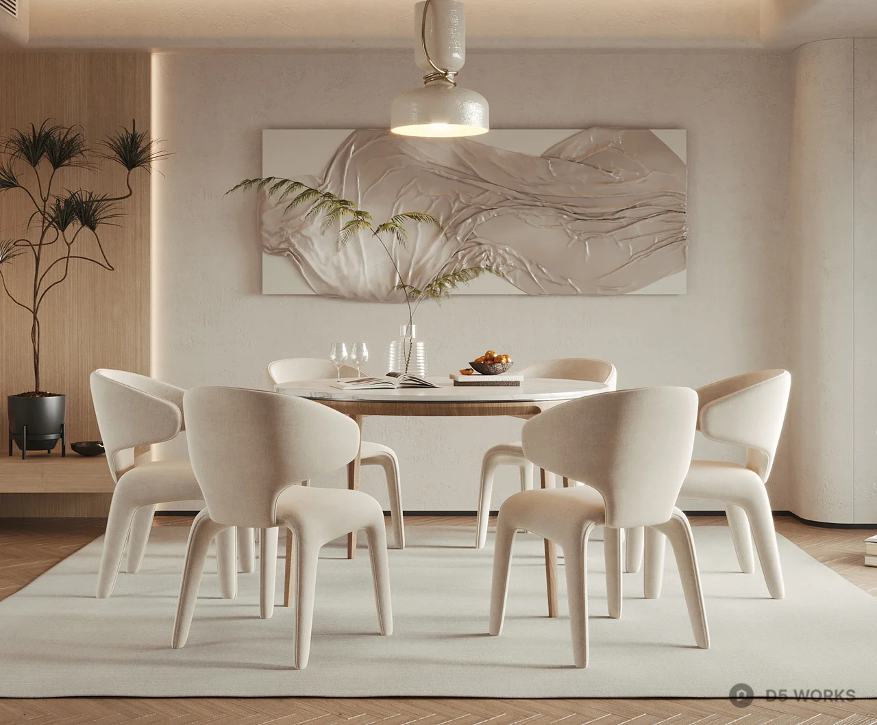 Minimalist Dining Room With Integrated Storage And Artistic Wall Decor 3d model thumbnail 2
