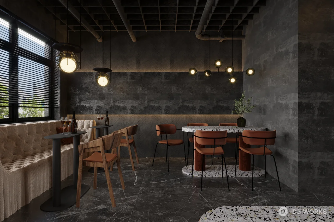 Minimalist Coffee Shop With Green Velvet Chair And Marble Floor 3d model thumbnail 8