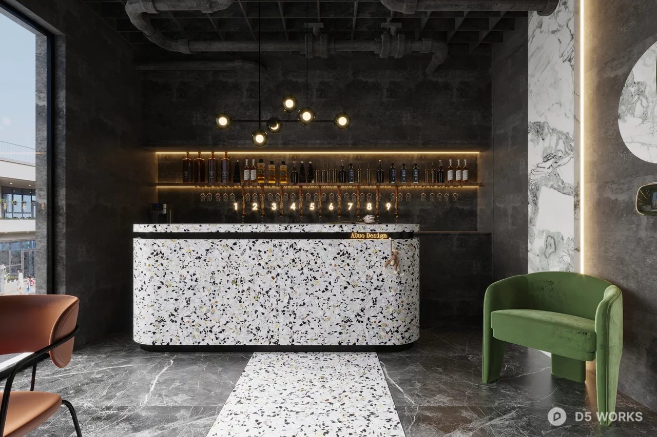 Minimalist Coffee Shop With Green Velvet Chair And Marble Floor 3d model thumbnail 2