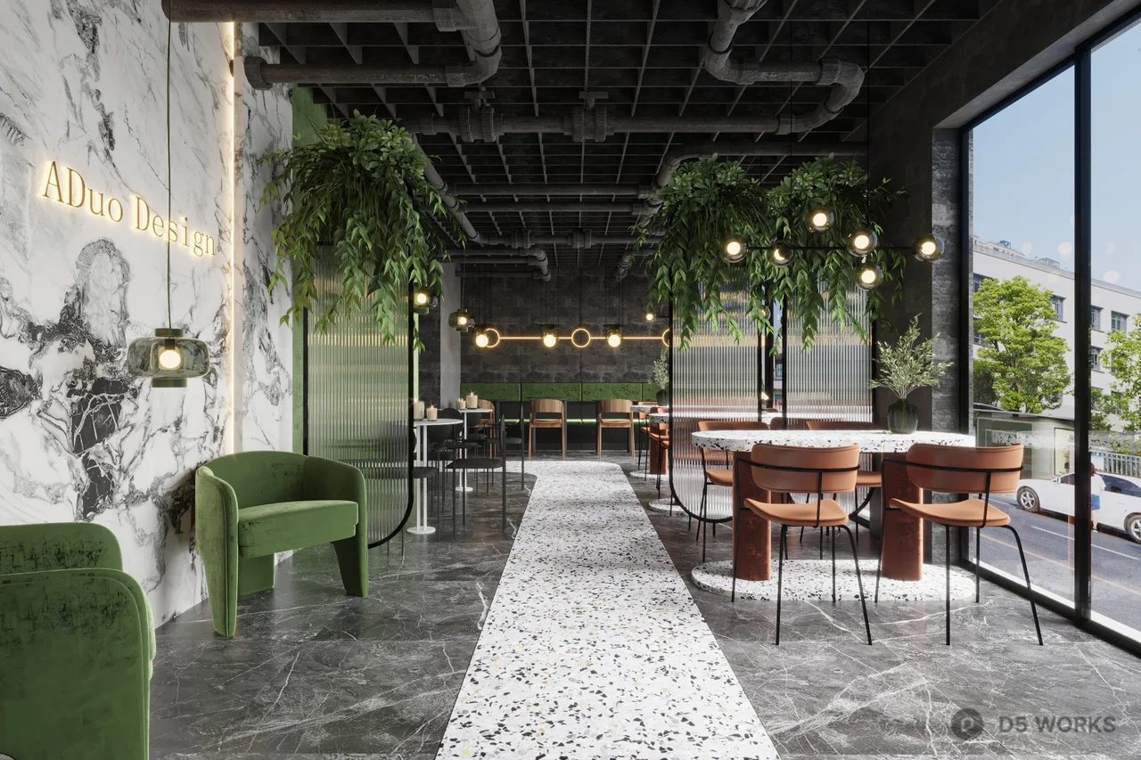 Minimalist Coffee Shop With Green Velvet Chair And Marble Floor 3d model - Image 1