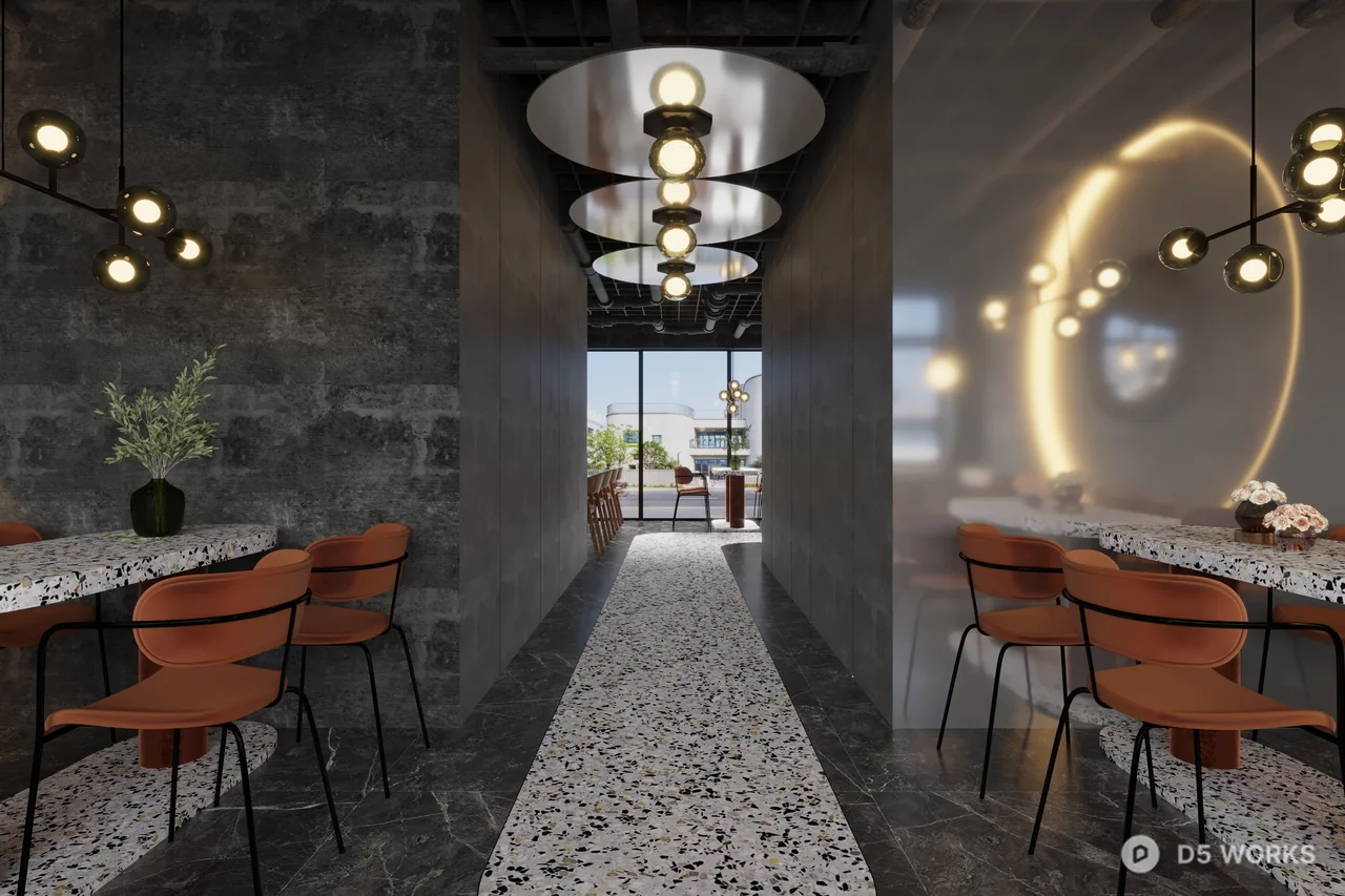 Minimalist Coffee Shop With Green Velvet Chair And Marble Floor 3d model thumbnail 6